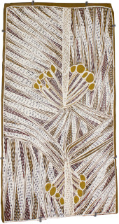 Mulkun Wirrpanda Cycad, 2015; 4821L; Bark painting; 59 x 33 cm; enquire