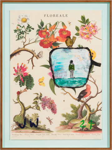 Jenny Watson Tiny bird on car mirror, 2024; gouache on Italian posters; 80.5 x 60.5 cm; more info; enquire