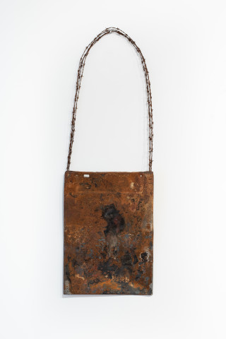 Lorraine Connelly-Northey Narrbong, 2019; CONNL - 0043; burnt steel, barb wire; 190 x 64 x 7 cm; enquire