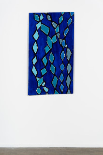 installation view; Dhambit Munuŋgurr Gurtha, 2025; 2173-25; acrylic and earth pigment on bark; 130 x 72 cm; enquire