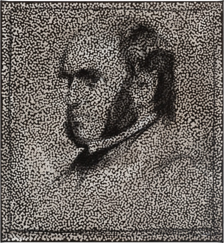 Daniel Boyd Untitled (DLLTFF), 2022; oil, acrylic, charcoal, pastel and archival glue on linen; 71 x 65.5 cm; more info; enquire