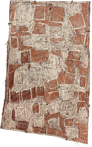 Nyapanyapa Yunupiŋu Pink and White Boxes, 2011; 3912N; natural earth pigments on bark; 81 x 53 cm; enquire