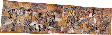 Nyapanyapa Yunupiŋu Hunting Stingray at Birany Birany, 2008; natural earth pigments on bark; 58 x 194 cm; enquire