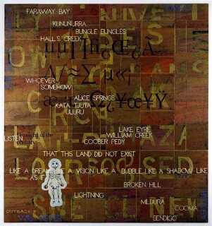 Imants Tillers Outback: E, 2005; synthetic polymer paint, gouache on 54 canvasboards, nos. 76330 - 76383; 228 x 212.5 cm; enquire