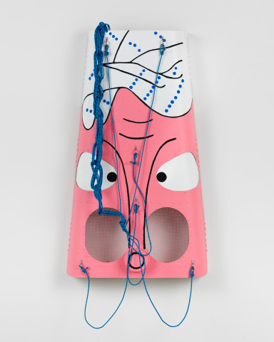 Claire Healy and Sean Cordeiro Tako, 2020; Kiowa helicopter engine cowl assembly, acrylic gouache, polyester rope; 107 x 60 x 14 cm; more info; enquire