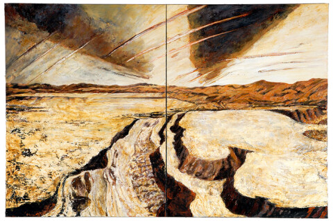 Mandy Martin Wanderers in the desert of the real, 2008; Ochre, pigment, and oil on linen; diptych, overall 180 x 270 cm; enquire