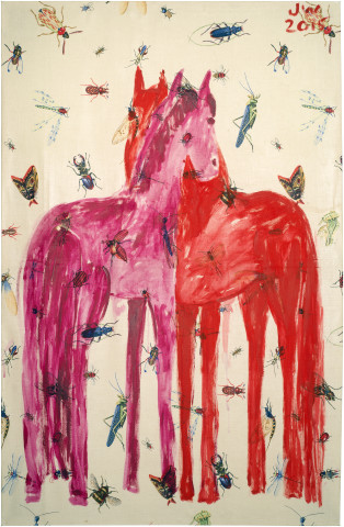 Jenny Watson Mutual grooming, 2015; acrylic on insect pattern cotton; 120.5 x 79.5 cm; enquire