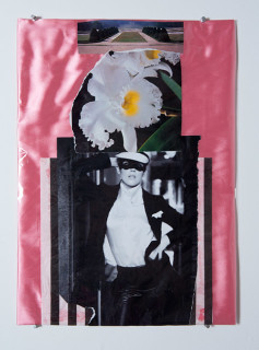 Jacqueline Fraser Balenciaga looking at Daniel Buren at the Guggenheim NYC, 2013; Mixed media collage; 59 x 42 cm; enquire