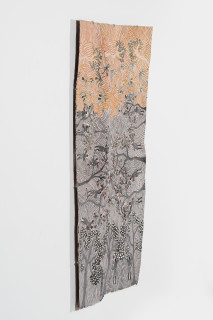 Yalmakany Marawili Harvesting fruit, 2025; 3525-25; earth pigments on stringybark; 216 x 97 cm; enquire