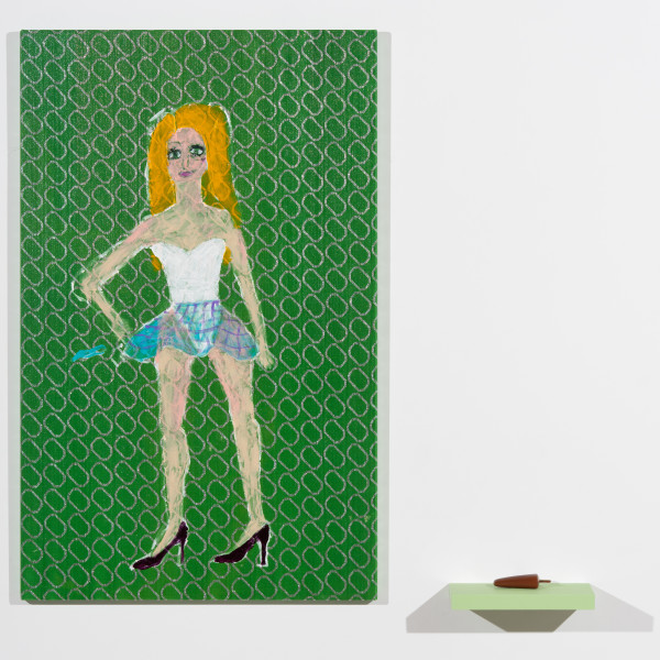 Jenny Watson 70's hostess in an Eastern European club, 2026; acrylic on French brocade; ice-cream model on shelf; 2 parts: 122 x 77 cm; 6 x 30 x 15 cm; enquire