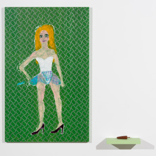 Jenny Watson 70's hostess in an Eastern European club, 2026; acrylic on French brocade; ice-cream model on shelf; 2 parts: 122 x 77 cm; 6 x 30 x 15 cm; more info; enquire