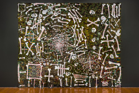 installation view; Fiona Hall nullius nebula, 2020; oil paint on military garments; 410 x 490 cm; enquire
