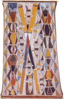 Les Midikuria Kunmatj with Marl Marl - Clapsticks, 1993; natural ochre pigments on bark; 100 x 186 cm; enquire