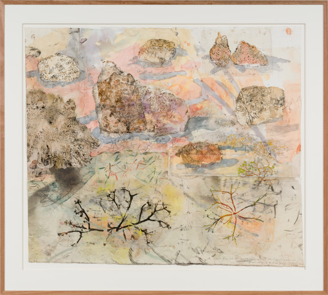 John Wolseley Walk across geological strata - Proterozoic to late Silurian: each step a million years III, 2025-26; watercolour, graphite, charcoal and nature prints on paper; 107 x 124 cm; 134 x 149 cm (framed); enquire