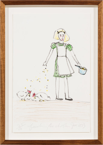 Jenny Watson Feeding the chooks, 2003; lithograph on paper; 25.5 x 17 cm; Edition of 60; more info; enquire