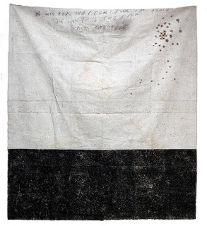 Newell Harry Untitled (He who pays the piper calls the tune), 2009-10; 2 pieces; Black and white gesso, crayon, charcoal on crumpled stitched and ironed paper, wooden vessel (Massim)
; 245 x 220 cm; enquire