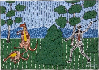 Robert Campbell Jnr Hunting the Kangaroo, 1986; acrylic on cardboard; 65.5 x 91.5 cm; enquire