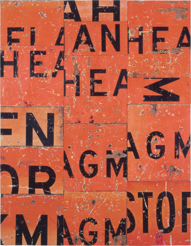 Rosalie Gascoigne Party Piece, 1988; sawn reflective road-signs on plywood; 108 x 83.5 cm; enquire
