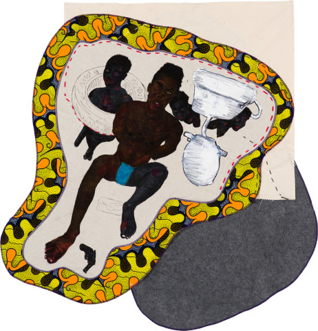 Pierre Mukeba (Malaika)/A bandit group of Cupids/ survival thy mission/thy shall covet
thy neighbours goods), 2022; Kikwembe, calico, oil paint, ink, brush pen, acrylic paint, pastel, fabric on unprimed canvas; 105 x 103 cm; more info; enquire