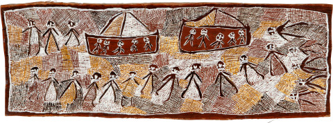 Nyapanyapa Yunupiŋu Japanese in Port Bradshaw, 2008; natural earth pigments on bark; 55 x 155 cm; enquire