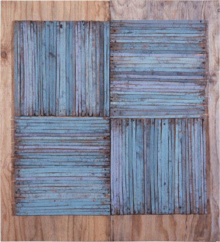 Rosalie Gascoigne Plain Living, 1989; sawn / split soft drink crates on plywood; 109.5 x 100 cm; enquire