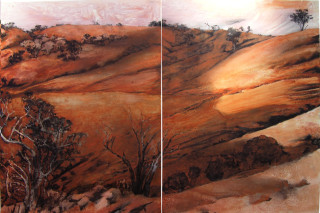 Mandy Martin Home Ground 2, 2004; ochre, pigment and oil on linen; 150 x 300 cm; enquire