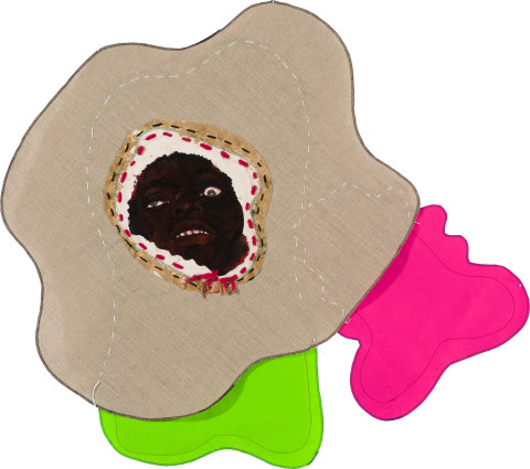 Pierre Mukeba (Walimuua) (Keep holy the lords name Consume confusion as you awaken reeling in deeds of your dirty seeds, show your truth - feed/death on a/holy communion/day), 2022; Kikwembe, calico, oil paint, ink, brush pen, acrylic paint, pastel, fabric on Belgian linen; 95 x 105 cm; more info; enquire
