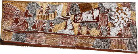 Nyapanyapa Yunupiŋu Snake Eggs, 2008; natural earth pigments on bark; 49 x 130 cm; enquire