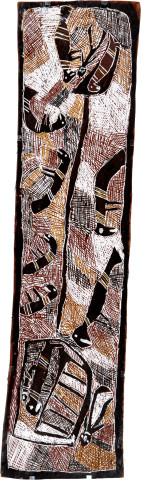 Nyapanyapa Yunupiŋu Mungurrawuy Saved by Dolphins, 2008; natural earth pigments on bark; 156 x 41 cm; enquire