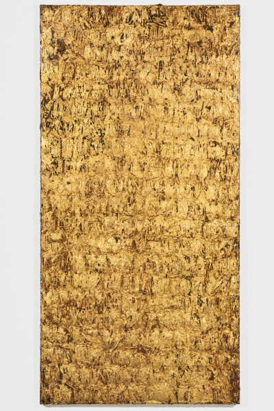 Kirtika Kain Untitled ii, 2026; cotton, wax, charcoal, gold leaf, sand and tar; 183 x 91 cm; enquire