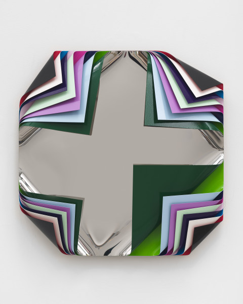 Jim Lambie Metal Box (Zaragoza), 2025; polished steel and aluminium sheets,
gloss paint; 60 x 60 x 14 cm; more info; enquire