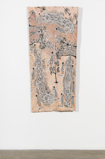 installation view; Yalmakany Marawili Women Harvesting Lillies, 2025; 1894-25; earth pigments on stringybark; 169 x 78 cm; enquire