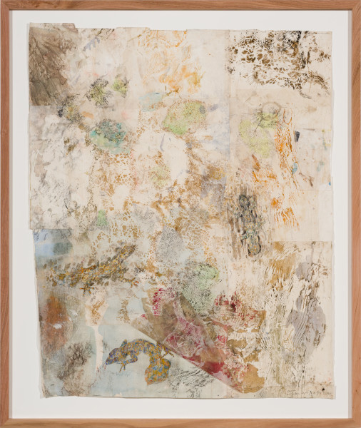 John Wolseley Mimesis - Leaf-tailed geckos on bark, moss and lichen II, 2025; watercolour, graphite, nature prints and found woodblock prints on paper; 102 x 83 cm; 120 x 101 cm (framed); enquire