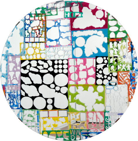 Teppei Kaneuji Ghost Buildings (Mirror #1 ), 2011; mirror, assorted sticker sheets; 70 x 70 cm; enquire