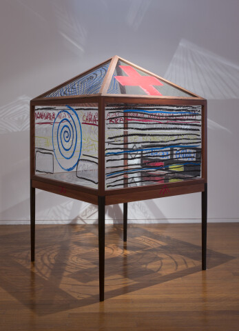 Brook Andrew Habitat II, 2017; Red gum and Sapele timber, glass, steel and oil pastel; 214 x 140 x 140 cm; enquire