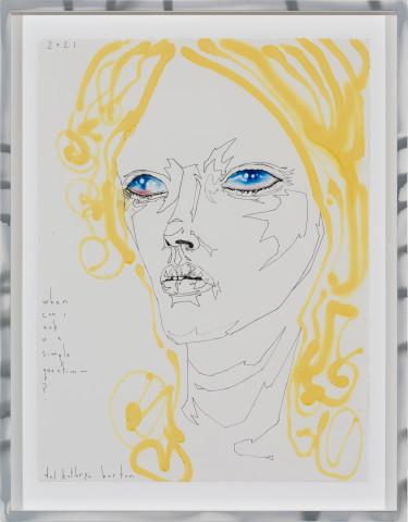 Del Kathryn Barton when can i ask u a simple question?, 2021; ink, archival spray paint and watercolour on paper, hand finished frame; 89.5 x 70 cm; more info; enquire