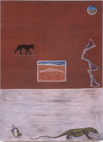 Fiona Foley December 1990, 1990; collage, ink, pastel, pencil, pigment and feather on paper; 76.5 x 57 cm; enquire