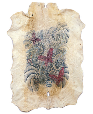 Wim Delvoye Untitled (Butterflies/Jesus Inside), 2007; tatooed pigskin, framed between glass; 190 x 139 cm; enquire