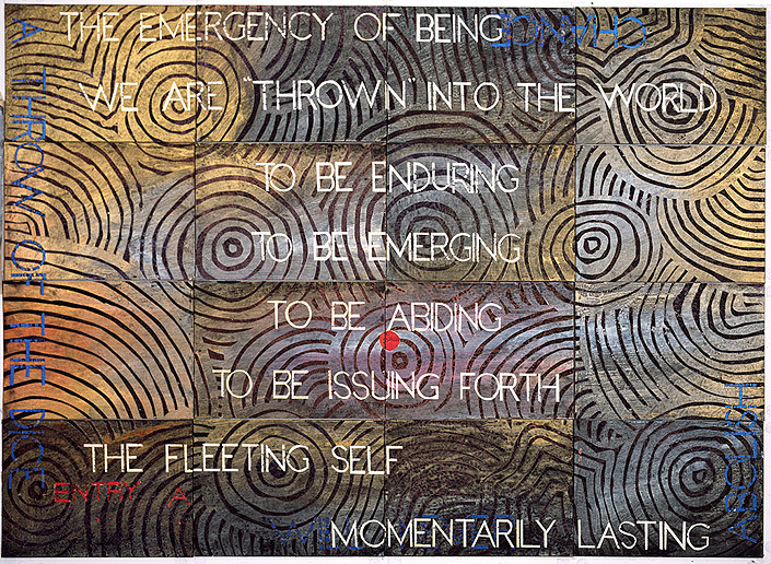 Imants Tillers Nature Speaks: A, 2015; acrylic, gouache on 16 canvas boards, nos. 96207-96222; 101.5 x 142 cm; enquire