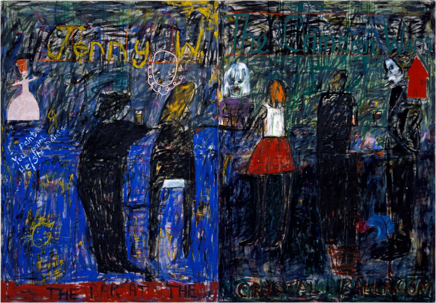 Jenny Watson The Crimean Wars: The Bar at the Crystal Ballroom, 1985, oil, acrylic, gouache, beads &amp; material cut outs, powder pigments on cotton duck