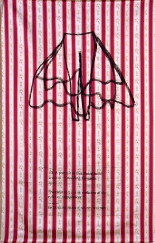 Jacqueline Fraser 40.A portrait of that fluted head cracked > Nuclear force is in violation of the rules of engagement BBC World News, 2002; Jacqueline Fraser, NY, NY. 9/11/2002; Fabric, oil stick and acrylic sheet; 65 x 100 cm; enquire