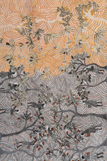 Yalmakany Marawili Harvesting fruit (detail), 2025; 3525-25; earth pigments on stringybark; 216 x 97 cm; enquire
