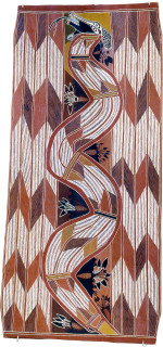 Les Midikuria Borlang Serpant at Borlkjam with Lily Root, 1993; natural ochre pigments on bark; 60 x 132 cm; enquire