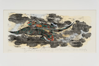 John Wolseley Great Desert Skinks III, 2026; woodcut and watercolour on Tengucho paper; 25 x 54 cm; 53 x 81 cm (framed); Edition of 20; enquire