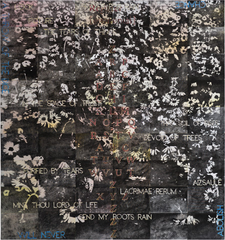 Imants Tillers Prayer for rain, 2020; synthetic polymer paint, gouache on 54 canvas boards, nos. 107776–107829; 227 x 212.5 cm; more info; enquire