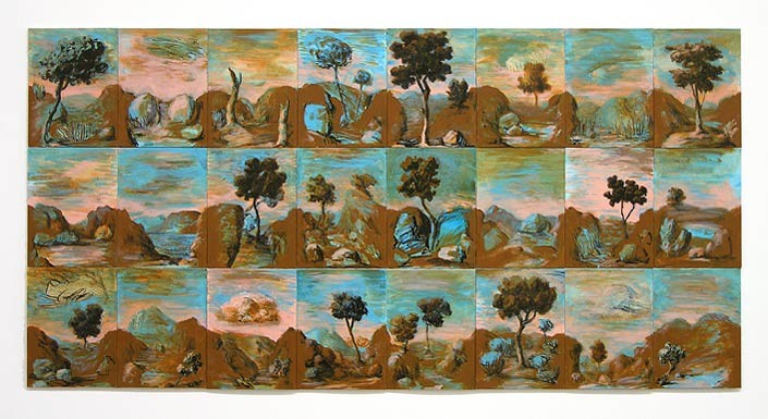 Tony Clark Sections from Clark's Myriorama, 2006; acrylic and permanent ink on canvas board; 24 panels, overall dimensions 91 x 181 cm; enquire