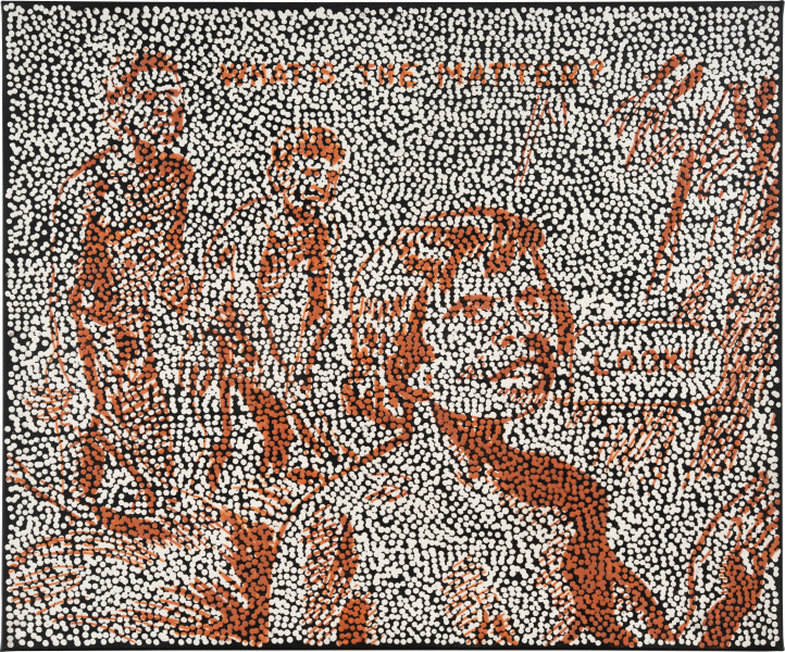 Daniel Boyd Untitled (IHSTTSOL), 2025; oil, acrylic and archival glue on paper mounted to canvas; 76.5 x 92 cm; enquire