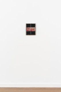 installation view; Daniel Boyd Untitled (TBAGAAW), 2025; oil, ink and archival glue on paper mounted to board; 30 x 25 cm; enquire