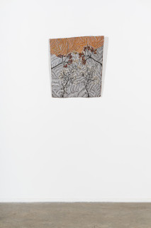 installation view; Yalmakany Marawili Munbi and Ḏilminyin, 2025; 3006-25; earth pigments on stringybark; 67 x 59 cm; enquire