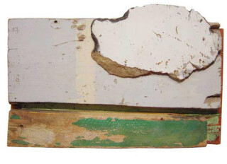 Rosalie Gascoigne Untitled (white cloud), 1993-95; torn painted masonite on painted weathered wood; 30 x 45.5 x 3.5 cm; enquire